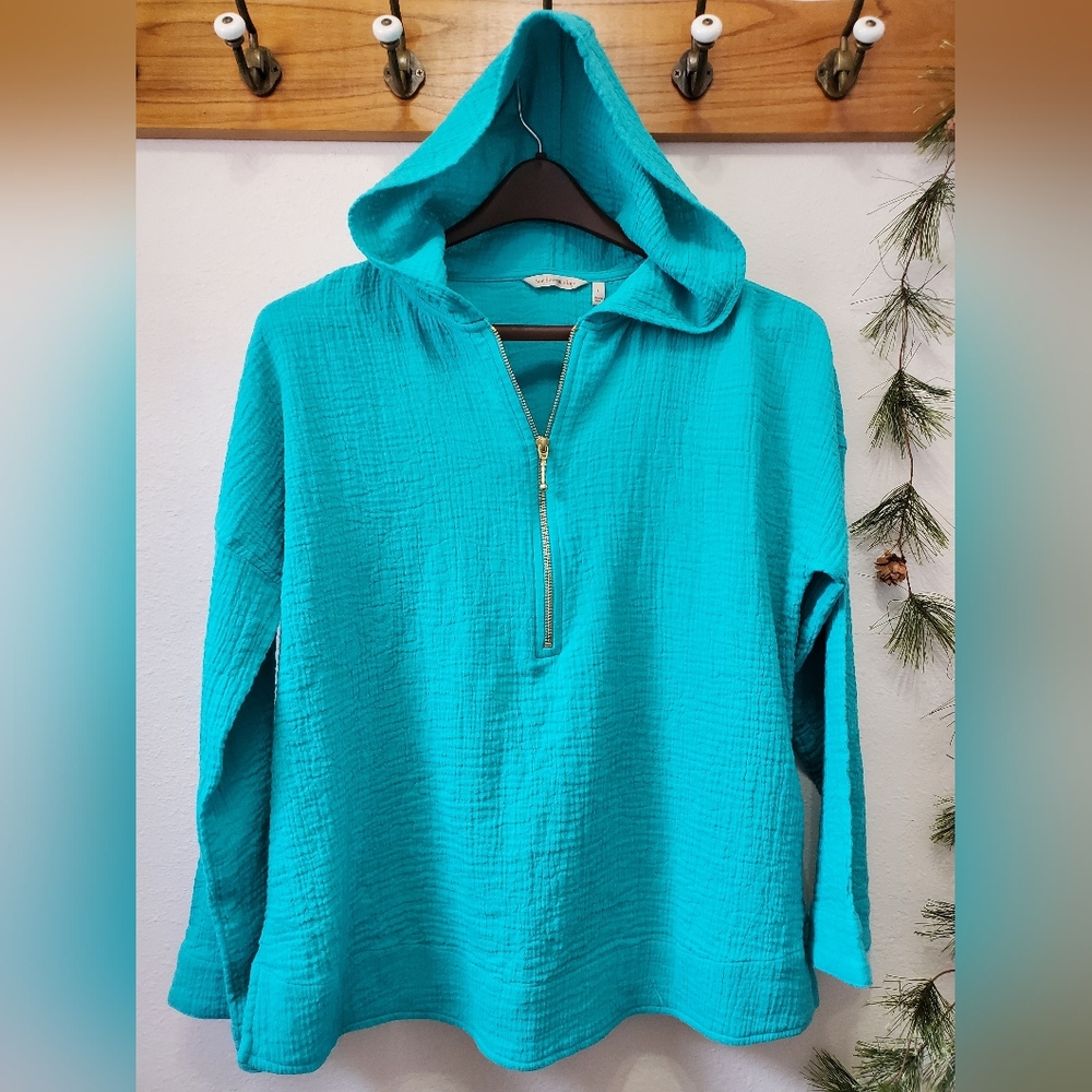 Soft Surroundings BEACH Gauze Kemia Hooded  Tunic Teal Turquoise